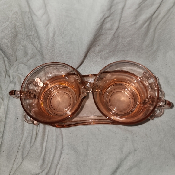 Pink Depression Glass Cream and Sugar Set with Tray. 1930s Perforal Josef Inwald - Picture 2 of 4